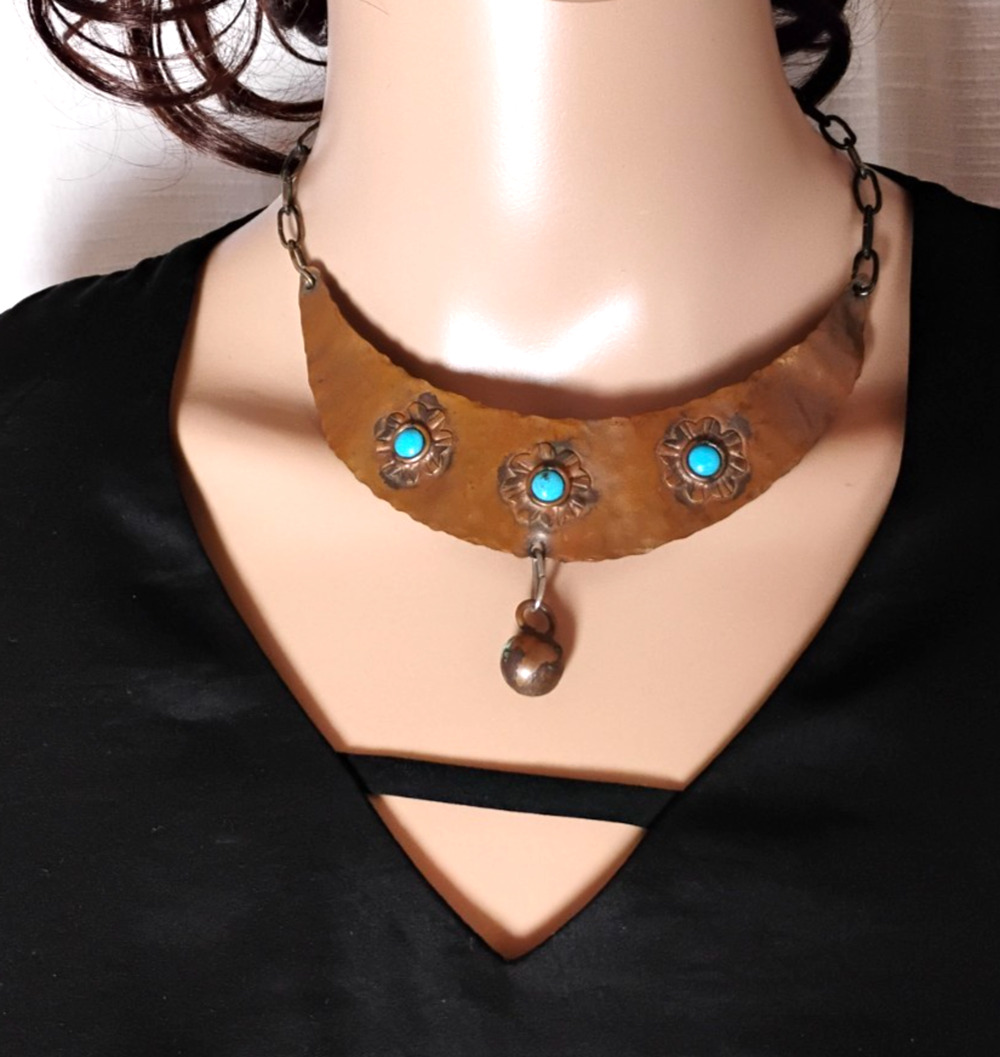 Southwestern Hammered Copper Turquoise Crescent Choker Necklace Adjustable